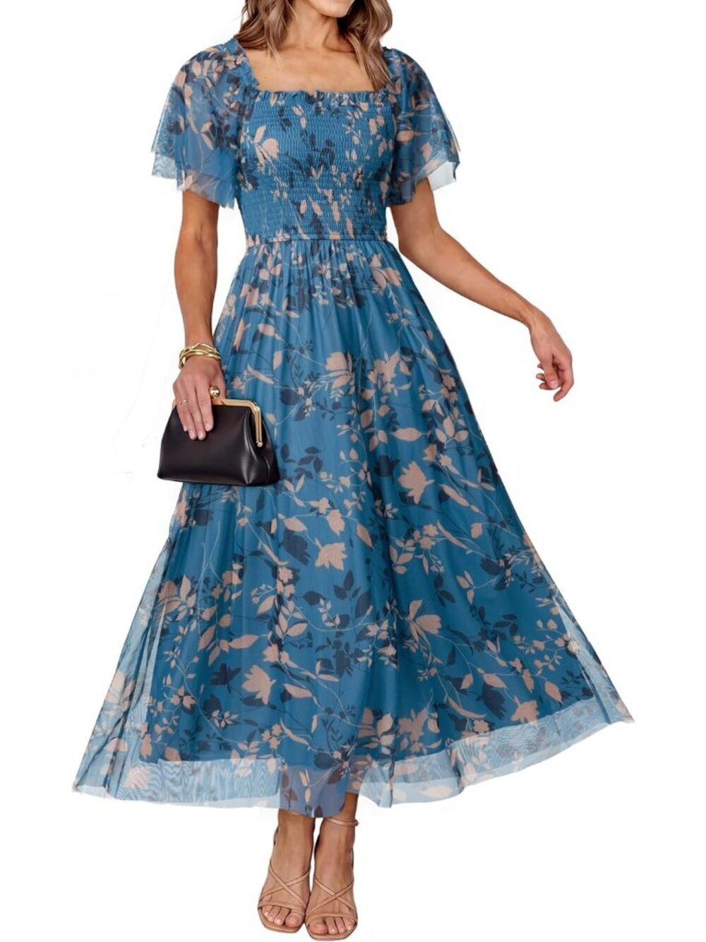 Women's Floral  Leaf Dusty Blue Square Neck Mesh Smocked Boho Maxi Dress
